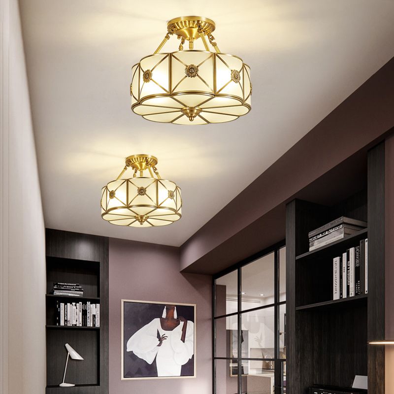 Lámpara de techo de bronce y vidrio, luz de techo de cobre de estilo colonial para dormitorio