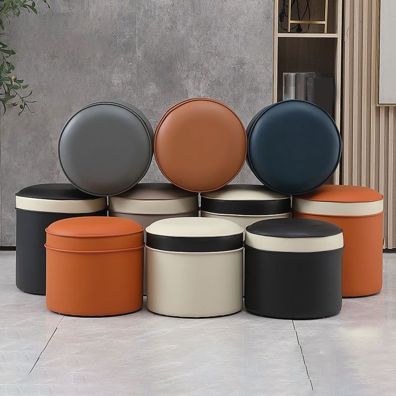 Orange Faux Leather Pouf Modern Pure Color Round Indoor Pouf