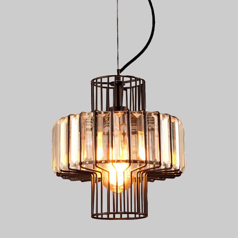 10"/12.5" Wide Minimalist Lantern Crystal Block Suspension Lighting 1 Head Ceiling Pendant in Black with Metal Cage