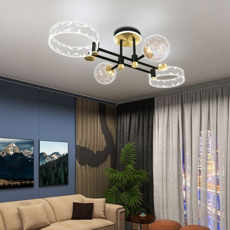 Ring and Ball Acrylic Ceiling Fixture Minimalist Black-Gold LED Semi Flush Mount Light for Living Room