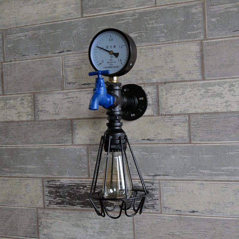 Industriewasserkleiderleuchte 1 Kopfmetallwandlampenvorrichtung mit Käfig und Messgerät in Schwarz
