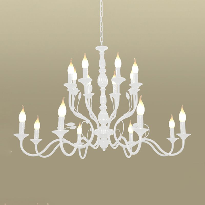 2-Tier Candle Living Room Chandelier Lighting Traditionary Metal 10/12/16 Heads White Hanging Pendant Lamp