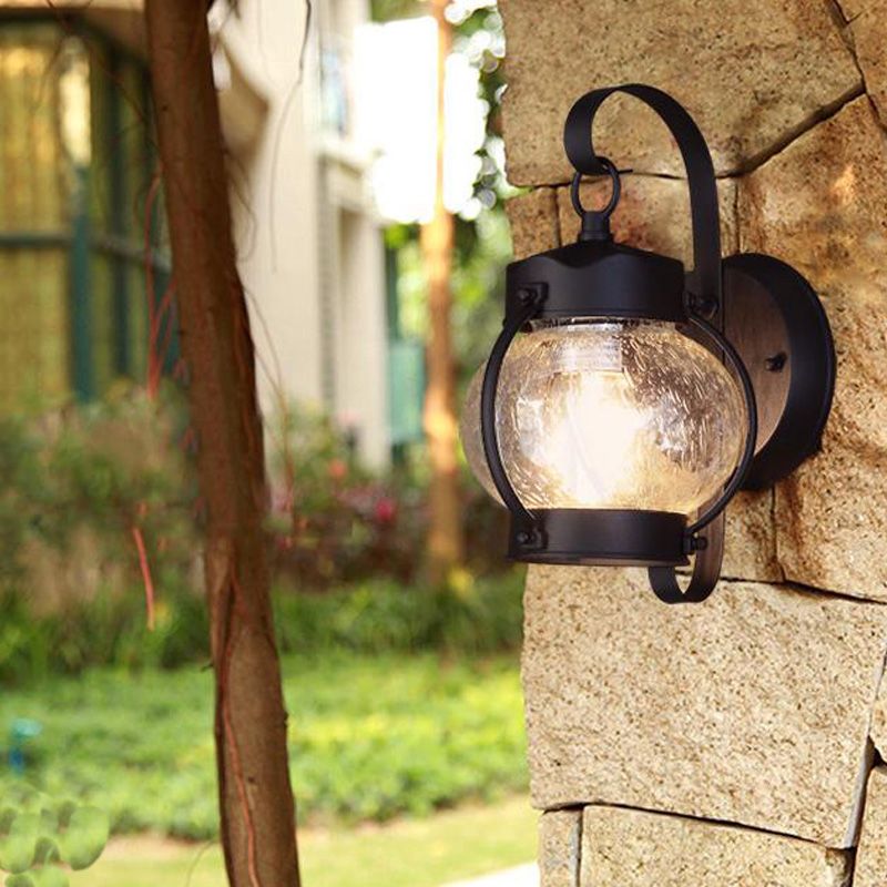 One Bulb Wall Light with Cylinder/Lantern Shade Bubble Glass Industrial Porch Sconce Lighting Fixture in Black