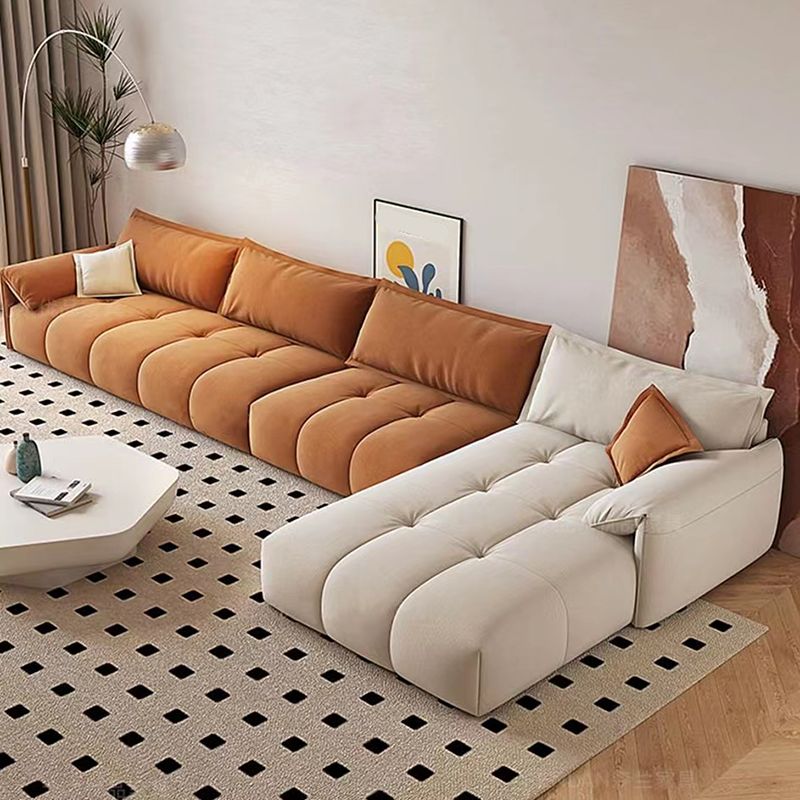 Tufted Loose Back Sofa with Chaise Nordic Pillow Top Arm Sofa in Orange and White