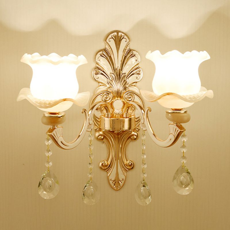 Gold Floral Wall Light Fixture Vintage Glass Living Room Wall Mounted Lamp with Crystal Accent