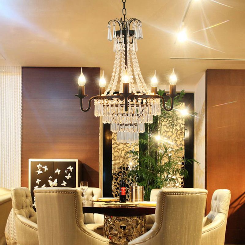 5 Lights Crystal Empire Chandelier Light Country Black Exposed Bulb Living Room Pendant Lighting
