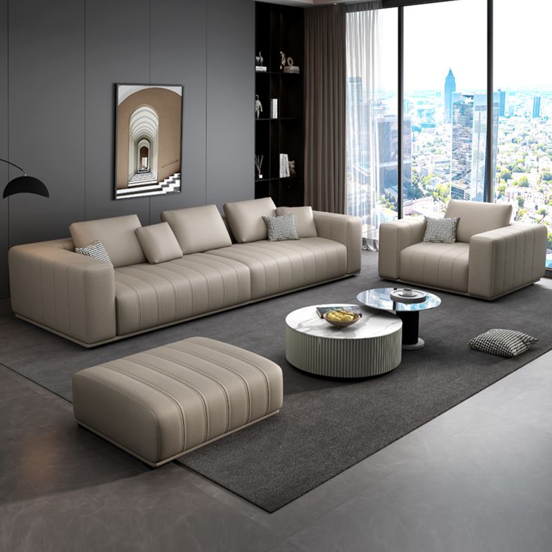 Modern Faux Leather Tuxedo Arm Standard Sofa with Bolster Pillows for Living Room