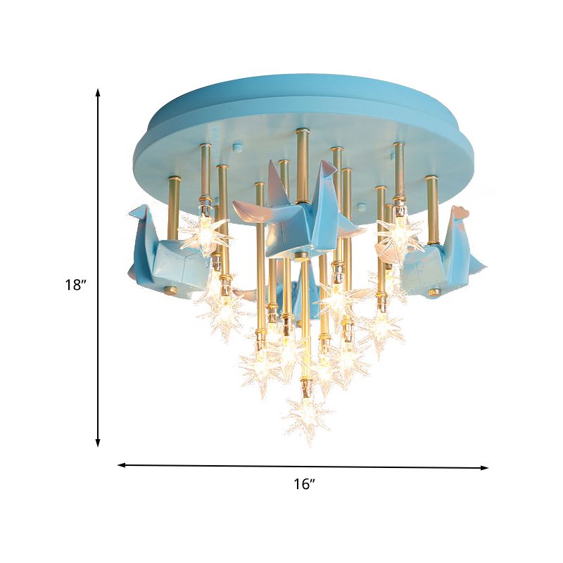 Resin Horse/Bird/Crane Ceiling Light Fixture Kids 13/16 Lights Blue/Pink Flush Mount Lighting with Clear Glass Shade