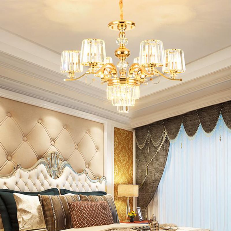 Contemporary 6/8 Bulbs Hanging Chandelier Gold Tapered Ceiling Pendant Light with Crystal Shade