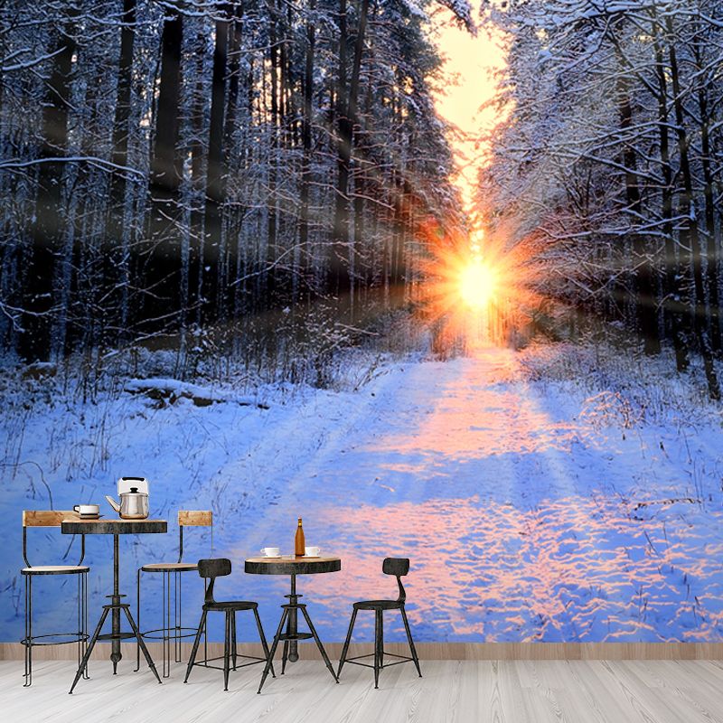 Sunset Snowy Forest Path Mural Modernist Non-Woven Wall Art in Grey for Living Room