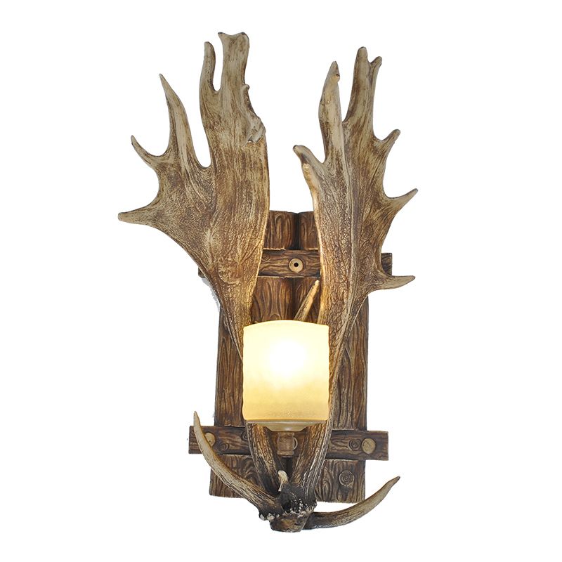 Resin Antler Wall Mount Light Retro 1-Light Restaurant Wall Lighting with Handblown Glass Shade in Brown