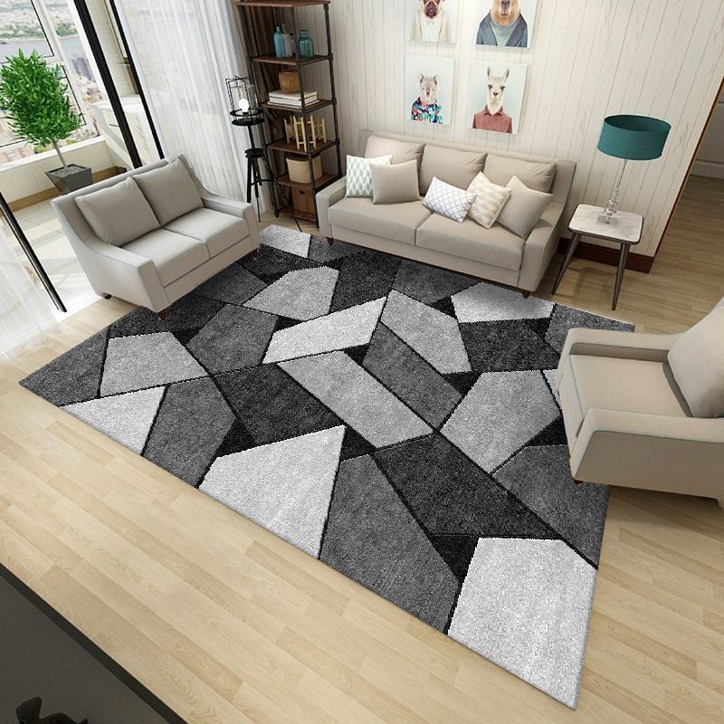 Gray Tone Modern Geometric Area Rug Polyester Non-Slip Backing Carpet for Living Room