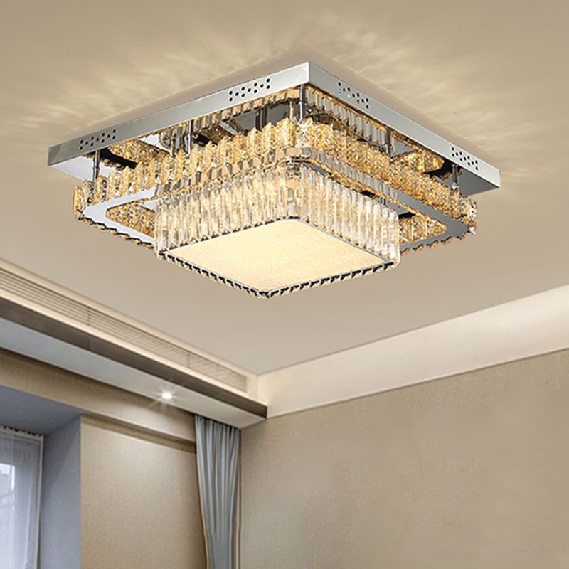 Chrome Round/Square Ceiling Lighting Contemporary Crystal Block LED Flush-Mount Light Fixture