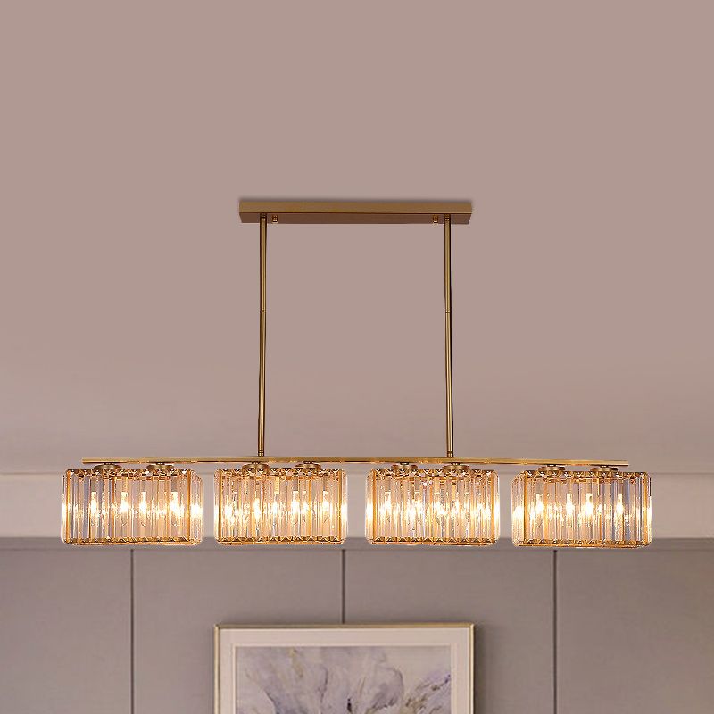 Gold 4/6/8 Bulbs Pendant Lighting Contemporary Metal Linear Island Lamp with Clear Cuboid Crystal Shade for Dinning Room