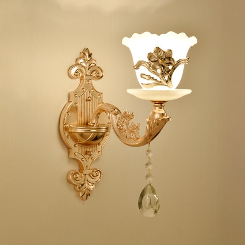 Gold Floral Wall Light Fixture Vintage Glass Living Room Wall Mounted Lamp with Crystal Accent