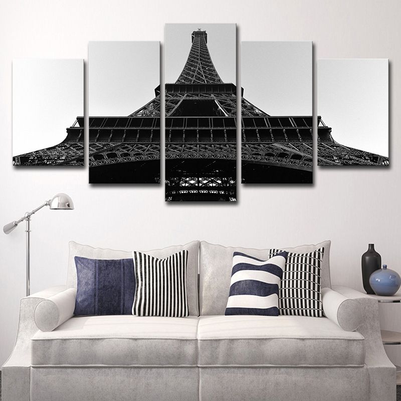 Black Global Inspired Wall Art Eiffel Tower Looking-Up View Canvas Print for Living Room