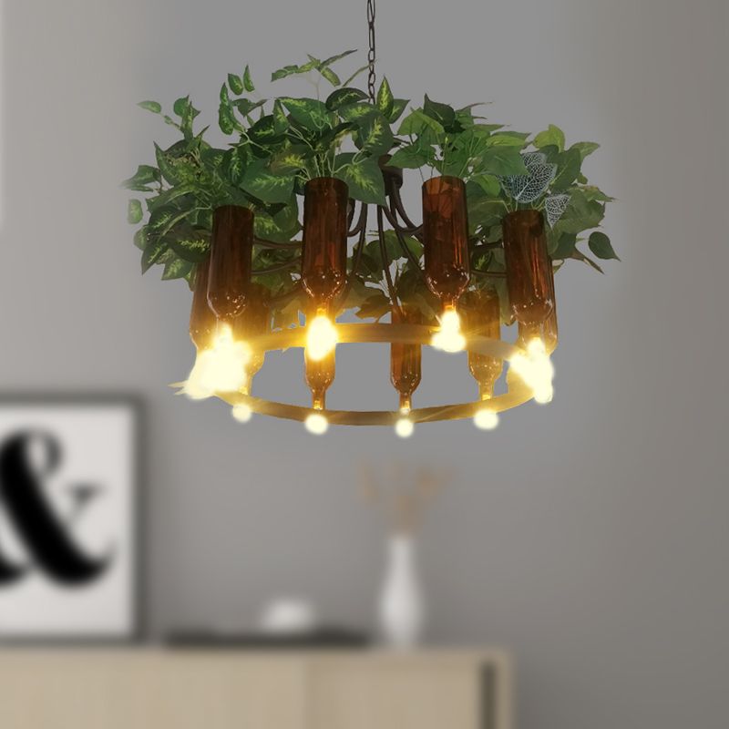 Green Wagon Suspension Light Industrial Metal 10 Heads Restaurant Chandelier Lighting Fixture with Plant Deco