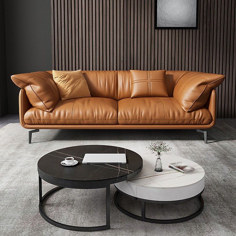 Recessed Arm Tan Contemporary Removable Cushions Faux Leather Sofa & Chaise