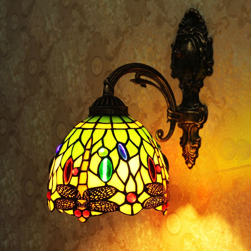 Stained Art Glass Bronze Sconce Domed 1 Head Tiffany Style Wall Mount Light Fixture with Dragonfly Pattern