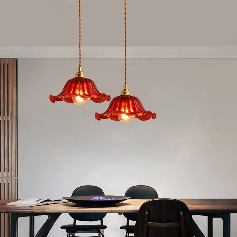 1-Light Ripped Shade Hanging Lamp, Contemporary Ribbed Glass Hanging Light