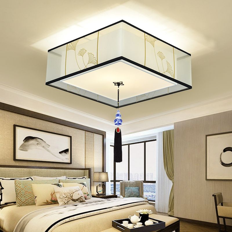 New Chinese Ceiling Light Geometry Shape Ceiling Lamp with Fabric Shade for Bedroom