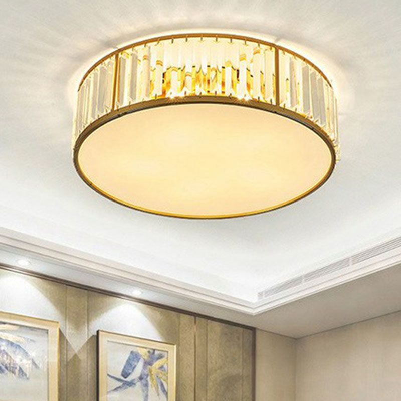 Bedroom Ceiling Mount Light Postmodern Gold Flush Mount Lamp with Drum Crystal Shade