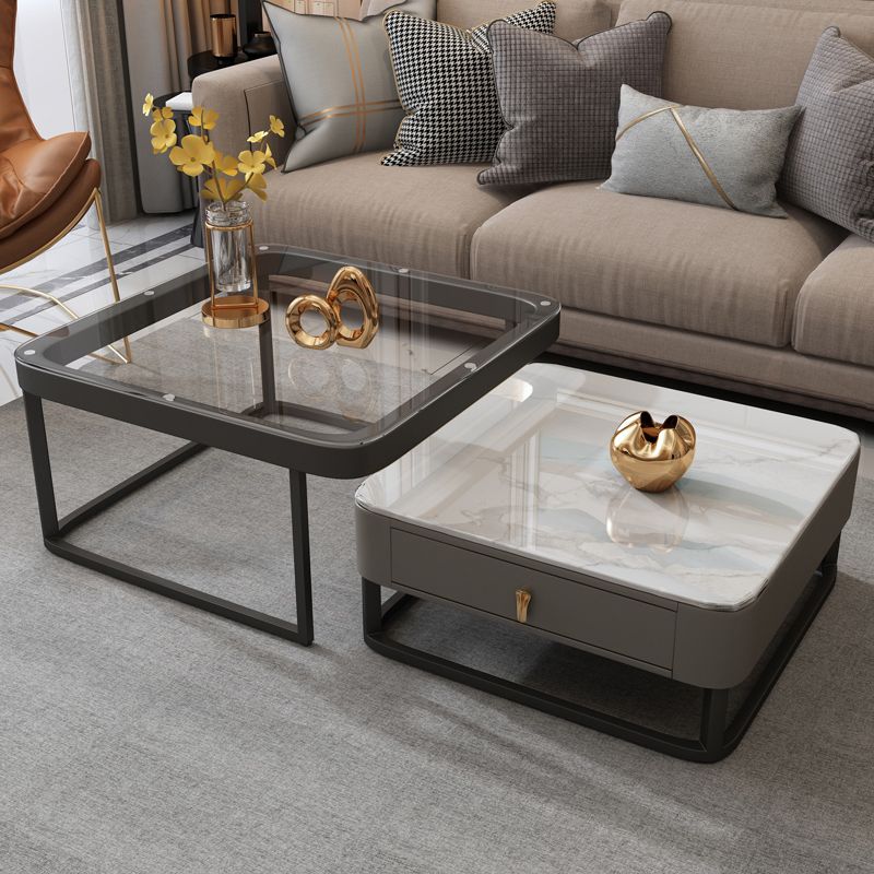 Coffee Table with a Framed Base and a Glass Top Made of Square Slate