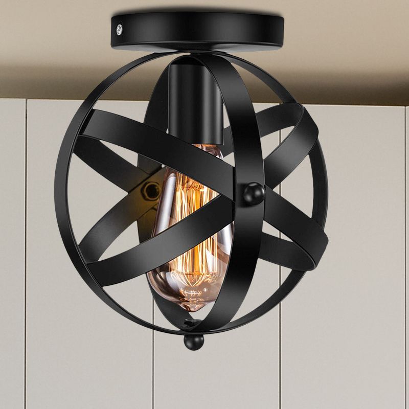 Single Bulb Semi Flush Mount Industrial Strap Globe Metal Ceiling Light in Black