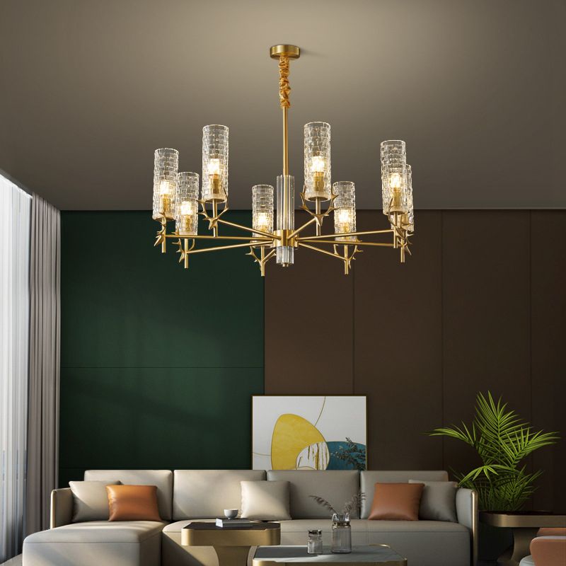 Gold Radial Pendant Light Mid-Century Cylindrical Clear Glass Suspension Light for Living Room