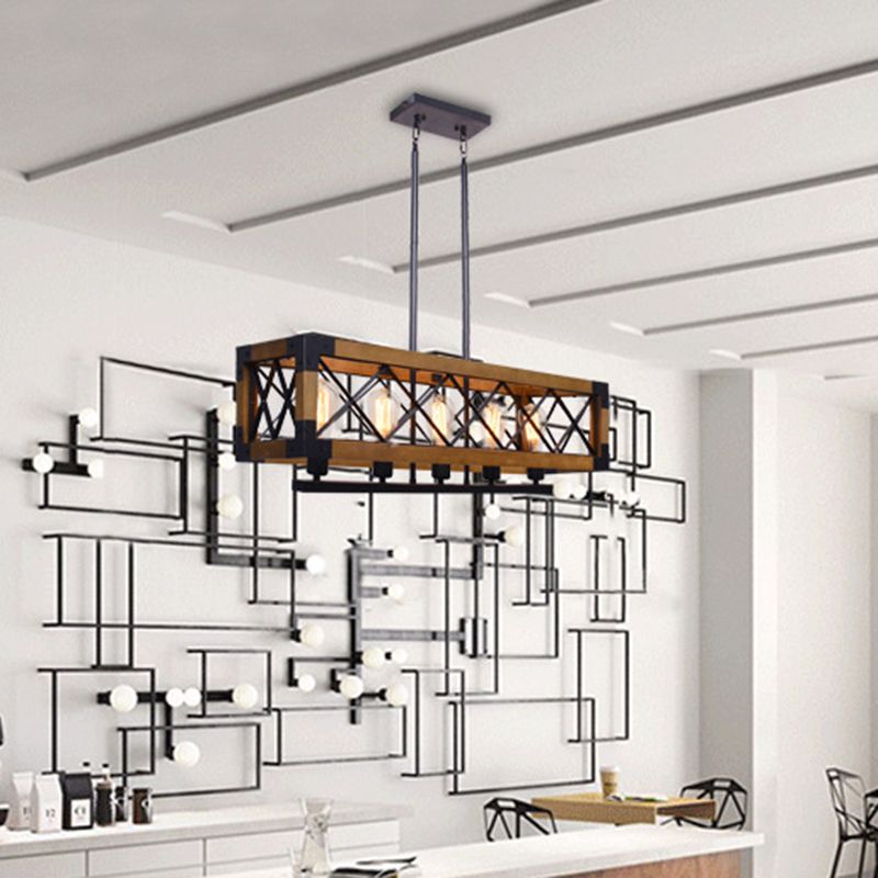 Dark Wood Rectangle Island Lighting Fixture Traditional Metal 5 Bulbs Dining Room Hanging Light