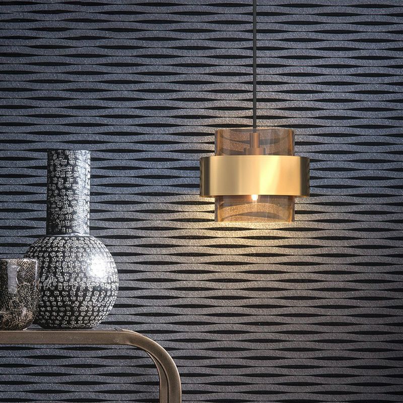 Cognac Glass Cylindrical Pendant Light Fixture Nordic 1 Head Hanging Lamp with Gold Ring Guard