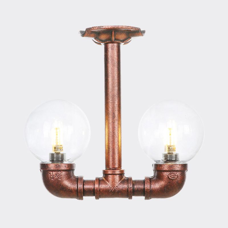 2 Heads Clear Glass Semi Flush Mount Industrial Copper Finish Orb Corridor Ceiling Flush