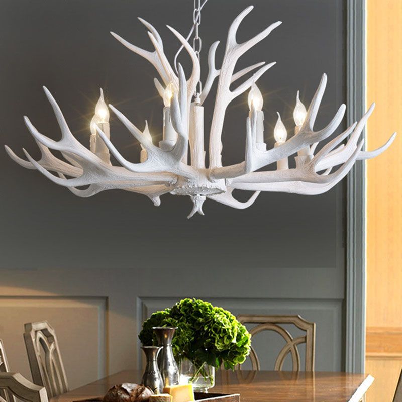 Deer Horn Resin Chandelier Pendant Light Vintage Style Dining Room Hanging Lighting