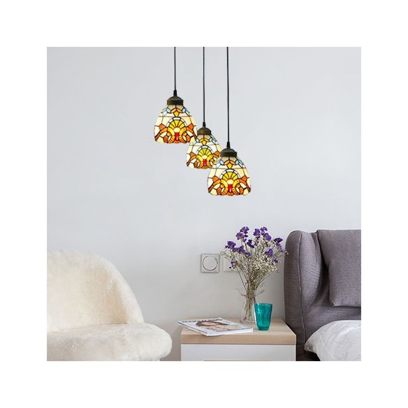 Victorian Domed Multi Light Pendants Stained Glass 3 Lights Hanging Pendant in White for Dining Room