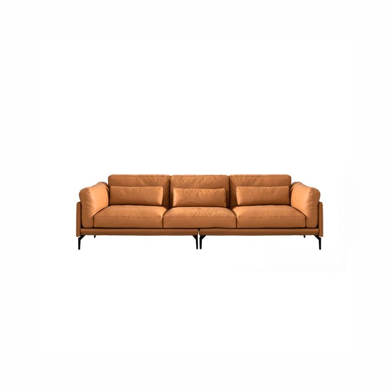 Square Arm Genuine Leather Sofa and Chaise Brown Sectional with Bolster Pillows