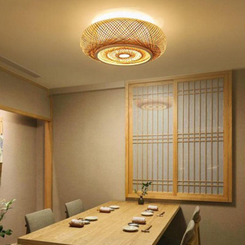 Circulaire Flush Mount Light Fixture Asian Rattan Flush Mount Lamp in Light Beige Finish