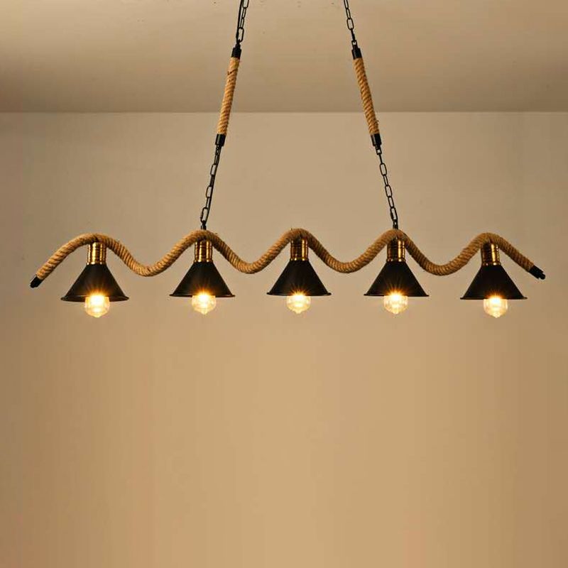 Metal Conical Island Ceiling Light Industrial Style Bar Pendant Lamp with Wavy Hemp Rope in Black