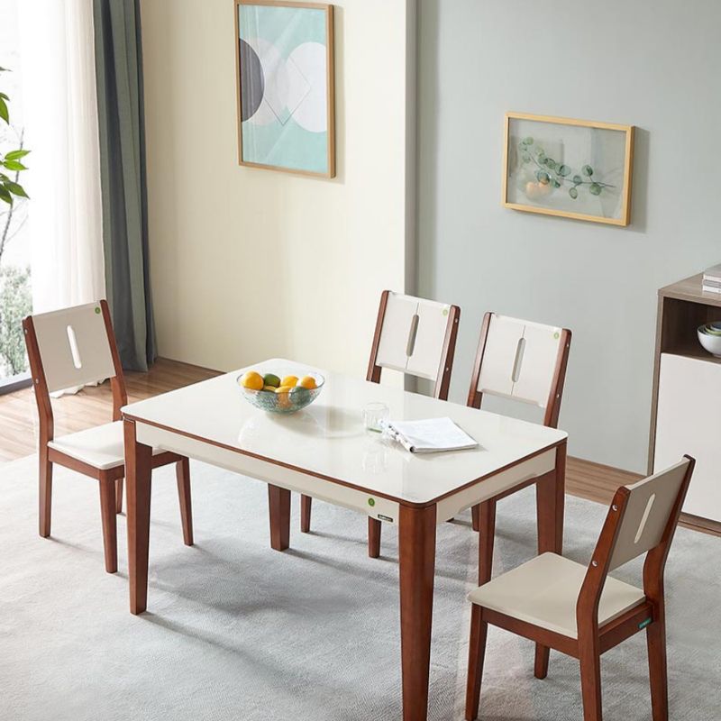 5/7 Pieces Glass Top Solid Wood Frame 4 Legs Dining Set for Home