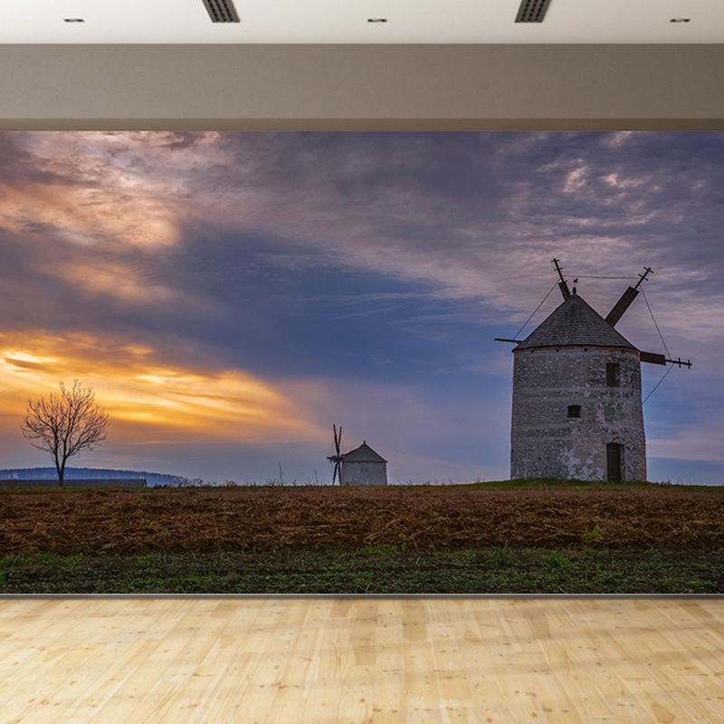 Room Wall Mural Wallpaper Small Town Windmill Mildew Resistant Wall Decor