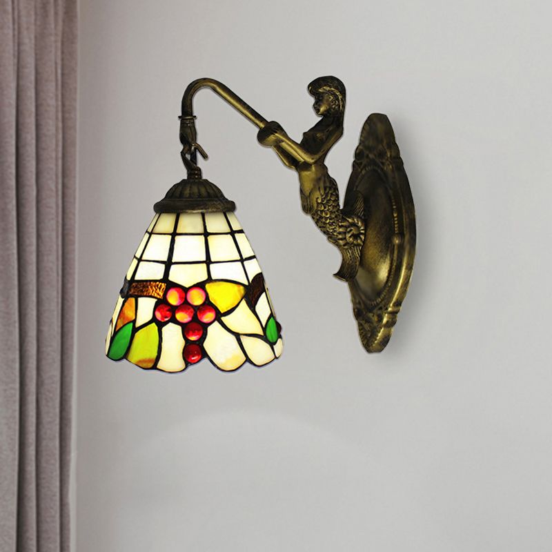 1 Light Mermaid Wall Mounted Light with Fruit Pattern Stained Glass Mini Wall Sconce Lighting