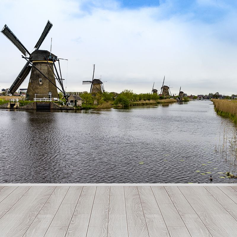 Full Size Photography Modern Mural Wallpaper with Spring Windmill Landscape in Blue