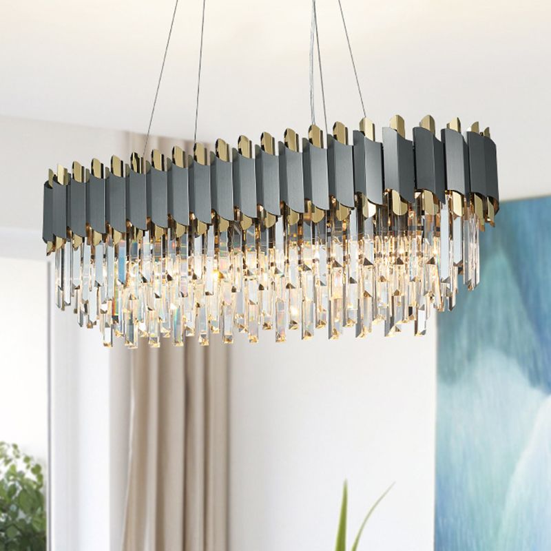 Lampada a sospensione della sala da pranzo ovale tradizionale cristallo a tre lampadario 8 luci illuminazione grigio lampadario