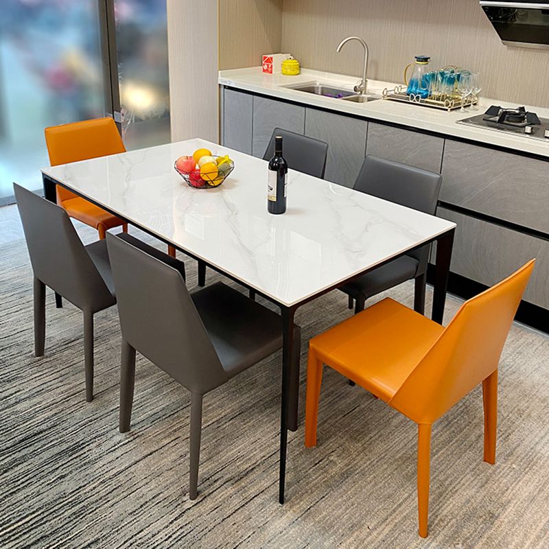 Modern White Stone Top Rectangular Dining Table with 4 Black Metal Legs