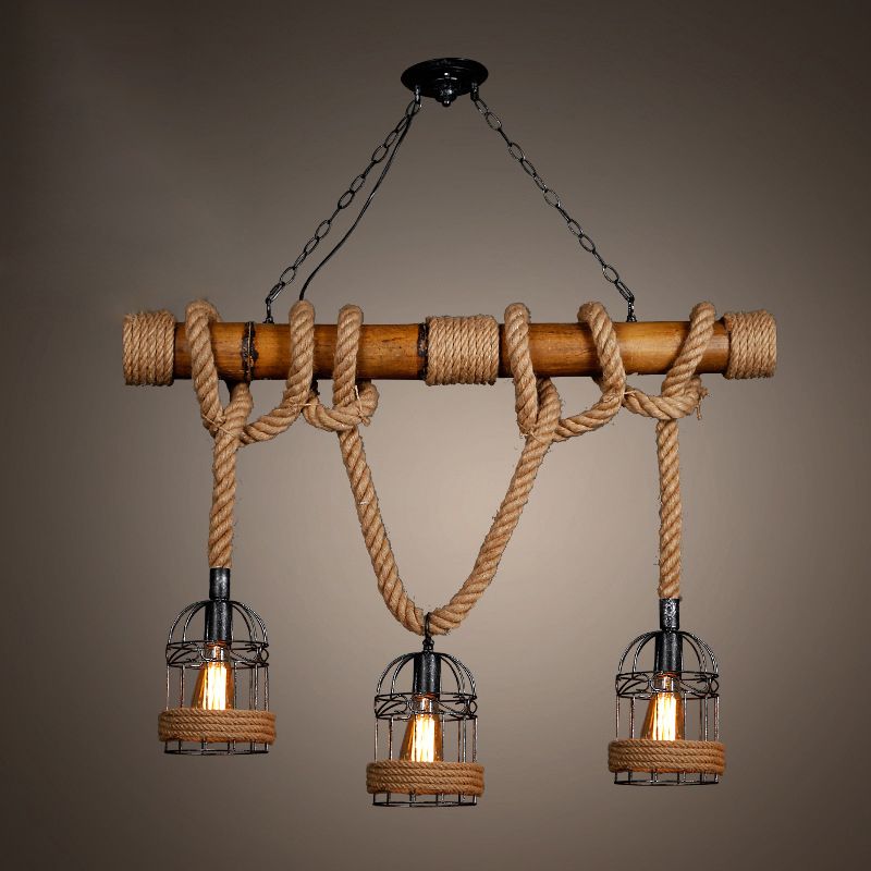 Linear Bamboo Island Lighting Rustic Style Bar Chandelier Light Fixture in Beige