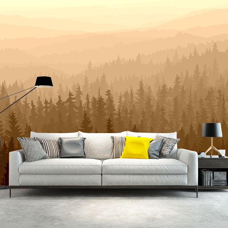 Modern Misty Forest Wallpaper Mural Beige Stain Resistant Wall Decor for Living Room