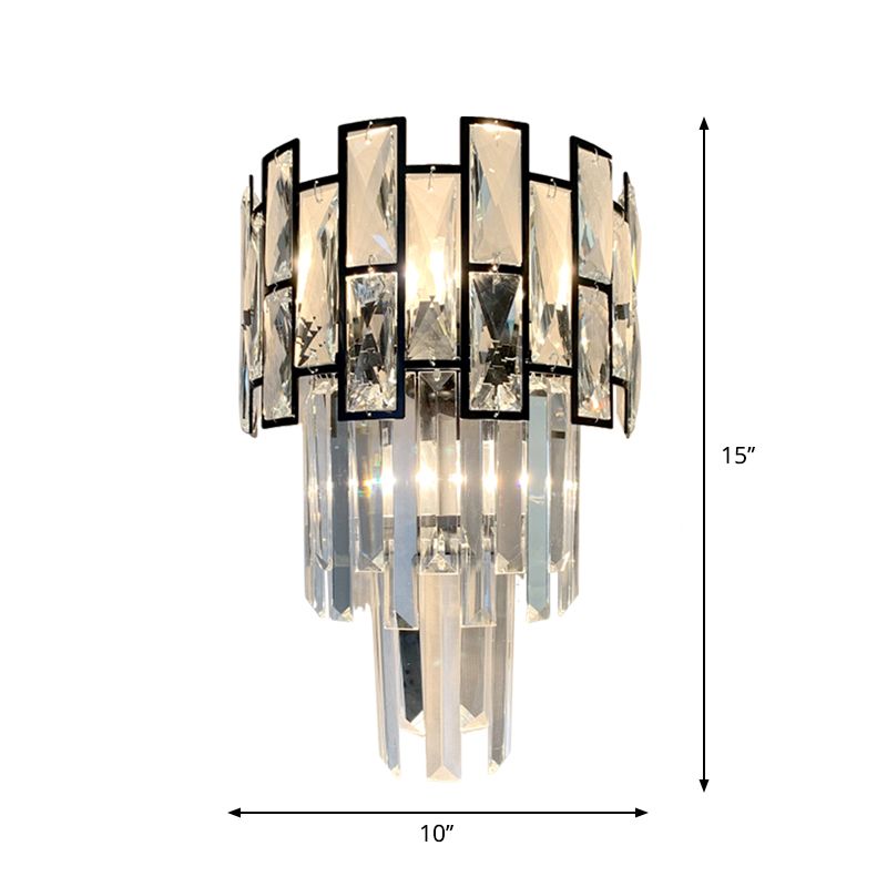 3 Heads Tapered Flush Mount Contemporary Black Finish Crystal Embedded Surface Wall Sconce
