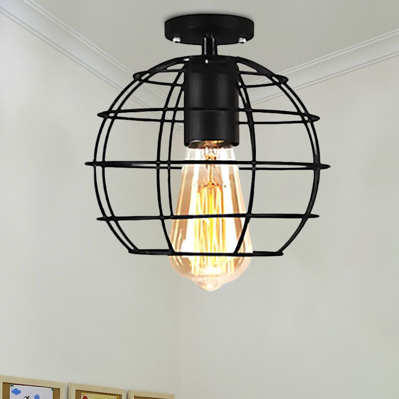 Plafonnier semi-encastré en fer Global/Barrel avec protection en fil de style ferme, plafonnier à 1 lumière pour café, noir