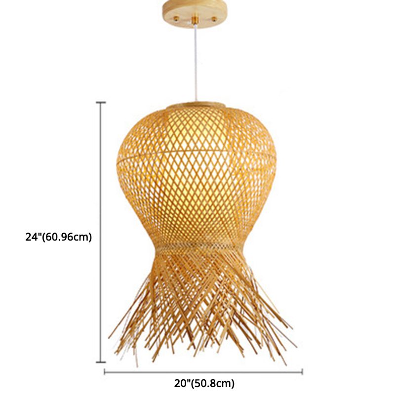 Beige Hand-Woven Pendant Chinese Style 1 Bulb Bamboo Hanging Light for Dining Table