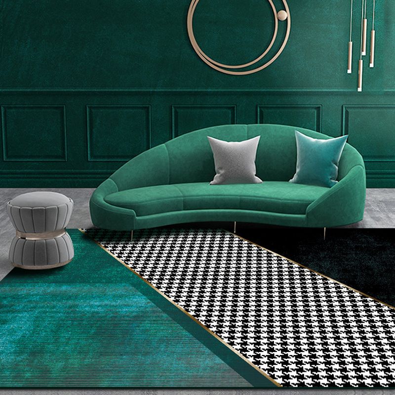 Modernist Colorblock Houndstooth Pattern Rug Black and Green Polyester Rug Non-Slip Pet Friendly Washable Are Rug for Bedroom