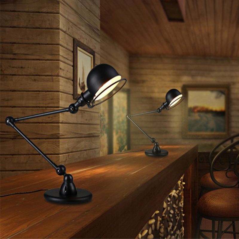 Iluminación de mesa de hierro de 1 bombilla Lámpara de escritorio de restaurante con brazo negro de acabado negro con cúpula y tono de anillo